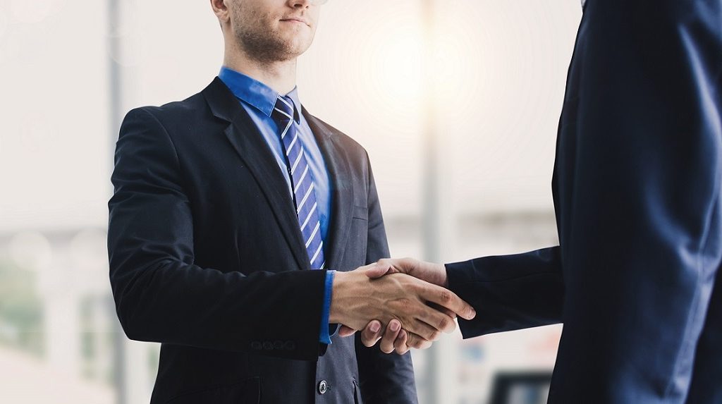 Success business, successful agreement negotiation and confident partner cooperation concept, Businessman shake hands with customer in banner background